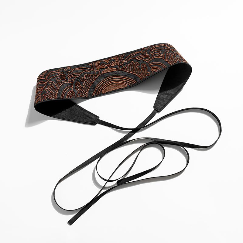 ウエストマークベルト レディース 漢服風 レトロ エスニック 刺しゅう ダブルラップ 8cm幅 柔らかな素材 黒 夏 ワンピース スカート ロングスカート カジュアル 普段使い