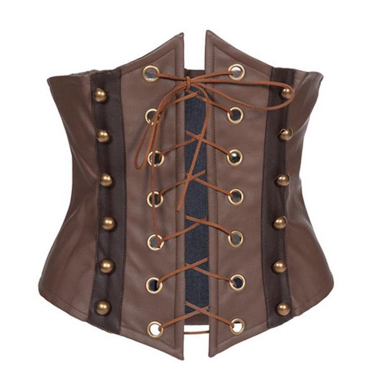 コルセット レディース 女性用 ブラウン レザー PUレザー 合皮 レトロ ヴィンテージ風 編み上げ 紐付き スタイルアップ ウエストマーク ビスチェ ウエストニッパー ボディシェイパー ベスト ジレ コスプレ 舞台衣装 イベント 普段使い カジュアル 腹