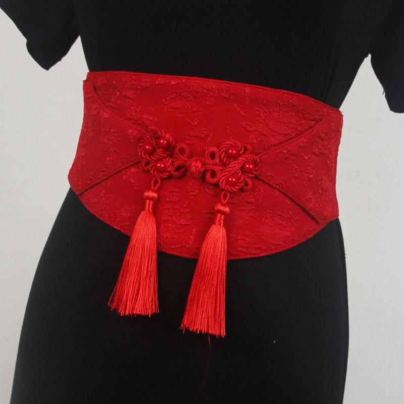 コルセットベルト レディース 中国風 漢服用 ジャカード織り 生地 ワイド ウエストマーク 伸縮性 赤 中国結び タッセルチャーム おしゃれ モダン