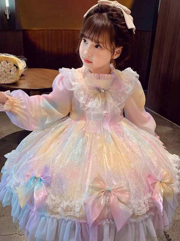樂天商城 - ワンピース 女の子 ロリータ プリンセスドレス 長袖 ふわふわ ボリューム感 チュール レインボー Aライン 秋服 お出かけ 誕生日 パーティー かわいい ピンク