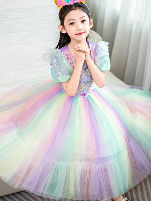 ワンピース 女の子 キッズ ガールズ ユニコーン レインボー プリンセス お姫様ドレス 春夏 グラデーシ..