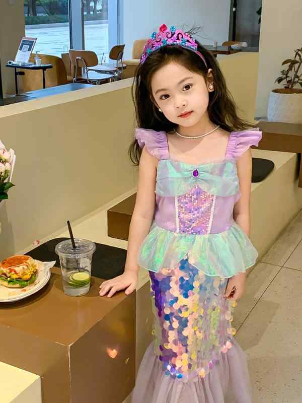 ワンピース キッズ 女の子 アリエル 人魚 マーメイド プリンセスドレス スパンコール キラキラ スリムフィット キャミソール ノースリーブ カラフル 綿混 誕生日 パーティー ハロウィン コスプレ 普段使い