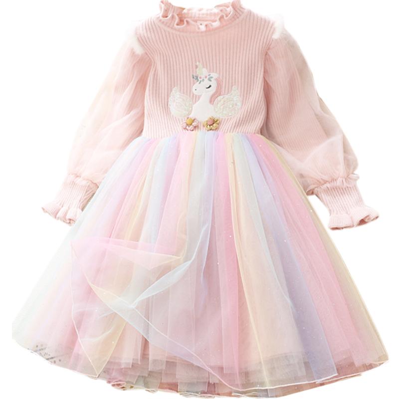 ワンピース 女の子 子供 ベビー プリンセスドレス ニット チュール プリーツ コットン素材 長袖 キャラクター柄 おしゃれ かわいい 華やか お出かけ 発表会 ピンク 春秋