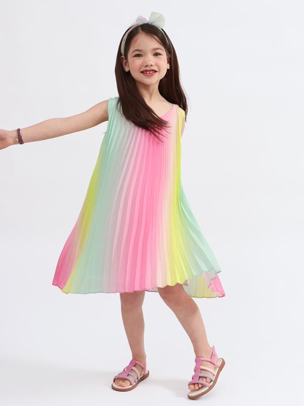 ワンピース キッズ 女の子用 ガールズ レインボー グラデーション プリーツ Aライン カジュアル 春夏 普段着 通学 通園 お出かけ 綿 ポリエステル フレア 薄手 かわいい おしゃれ