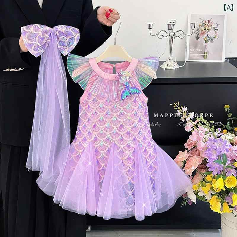 ドレス 女の子 キッズ 人魚 マーメイド プリンセス スパンコール グリッター 夏 ノースリーブ 綿混紡 通気性 誕生日 バースデー 発表会 ステージ イベント 薄手 ミディ丈 紫 オレンジピンク