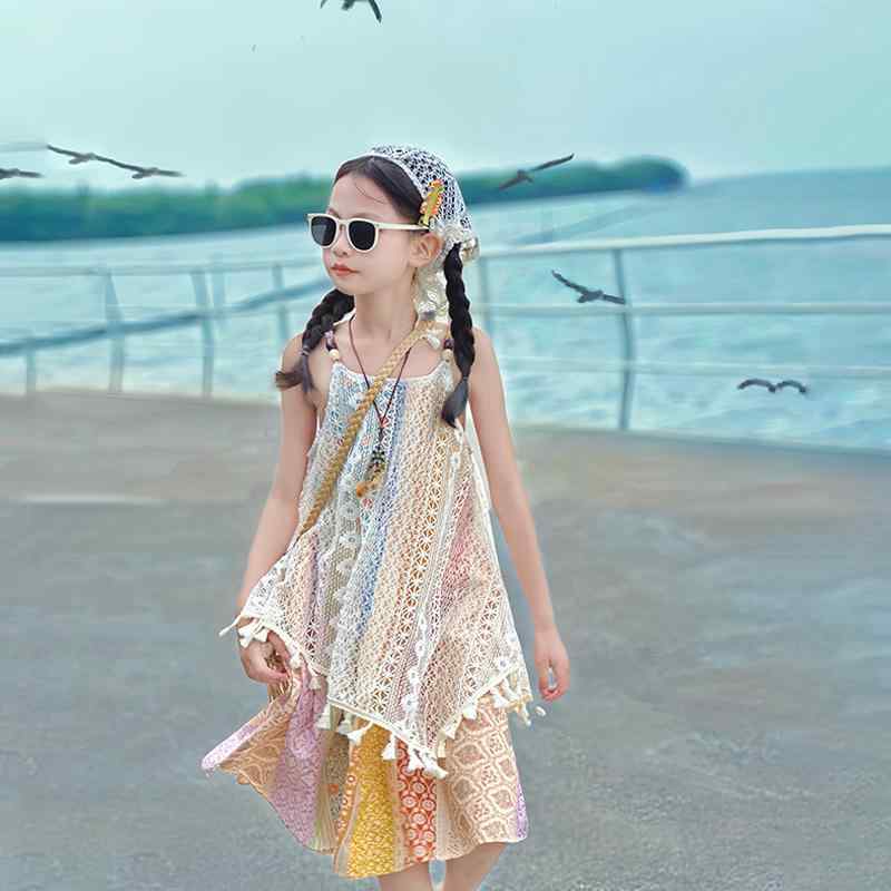 ワンピース 女の子 キッズ ガールズ 春夏 ボヘミアン風 リゾート ビーチ 綿 コットン キャミワンピース 吊りスカート ミモレ丈 カラフル 多色切り替え 普段使い 旅行