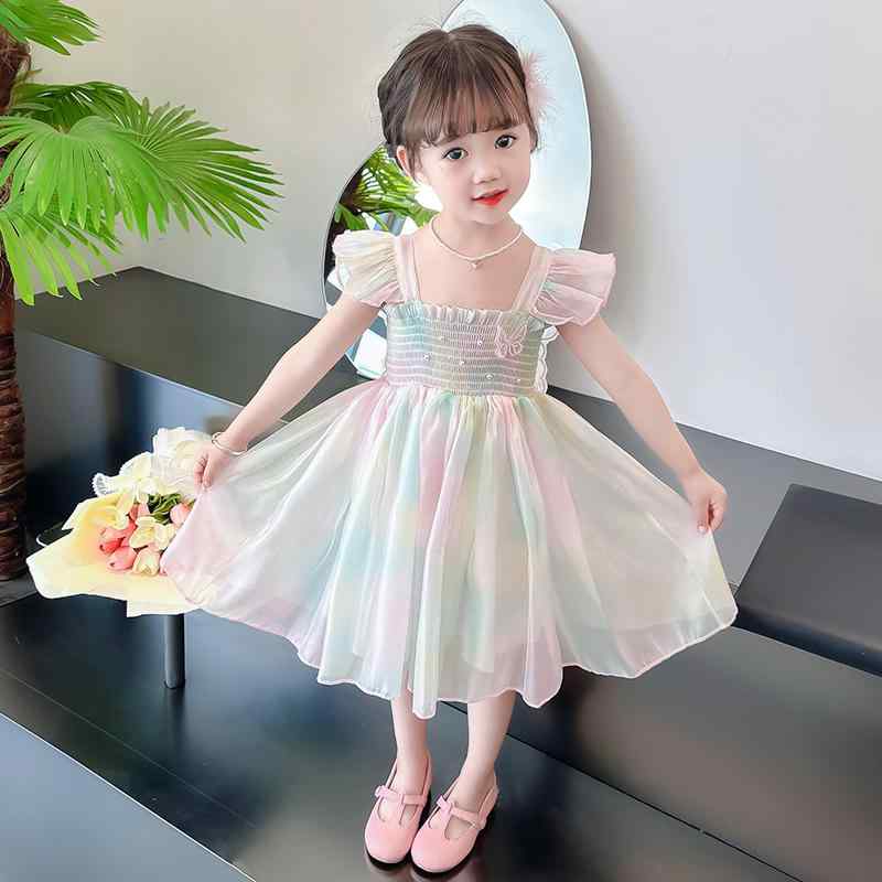 ワンピース キッズ 女の子 プリンセス 姫 ドレス レインボー 虹 翼 羽 グラデーション バタフライ 蝶 A..