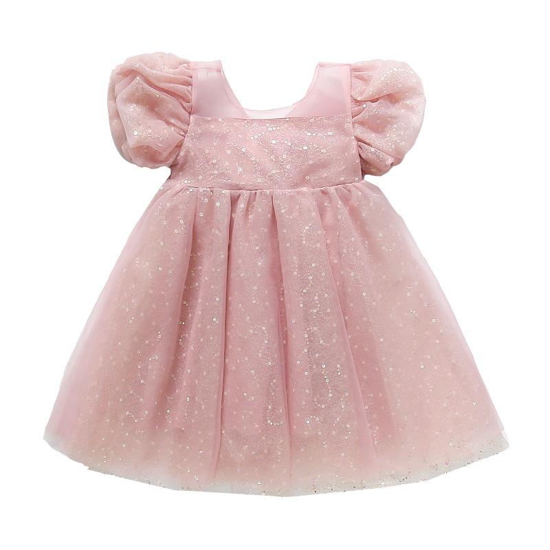 ワンピース 女の子 キッズ プリンセスドレス パフスリーブ 夏 スパンコール グリッター チュール フレア ふわふわ 発表会 演奏会 誕生日 結婚式 パーティー フォーマル 礼服 ポリエステル 綿 シャンパン ピンク おしゃれ かわいい