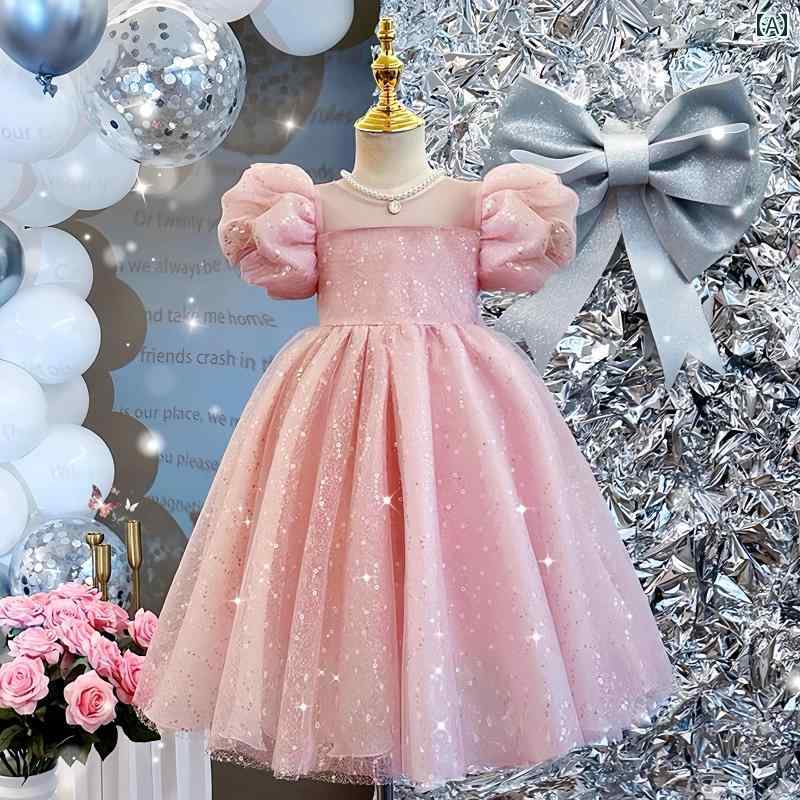 ワンピース 女の子 キッズ プリンセスドレス パフスリーブ 夏 スパンコール グリッター チュール フレア ふわふわ 発表会 演奏会 誕生日 結婚式 パーティー フォーマル 礼服 ポリエステル 綿 シャンパン ピンク おしゃれ かわいい 2
