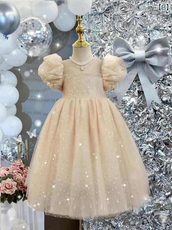 ワンピース 女の子 キッズ プリンセスドレス パフスリーブ 夏 スパンコール グリッター チュール フレア ふわふわ 発表会 演奏会 誕生日 結婚式 パーティー フォーマル 礼服 ポリエステル 綿 シャンパン ピンク おしゃれ かわいい 3