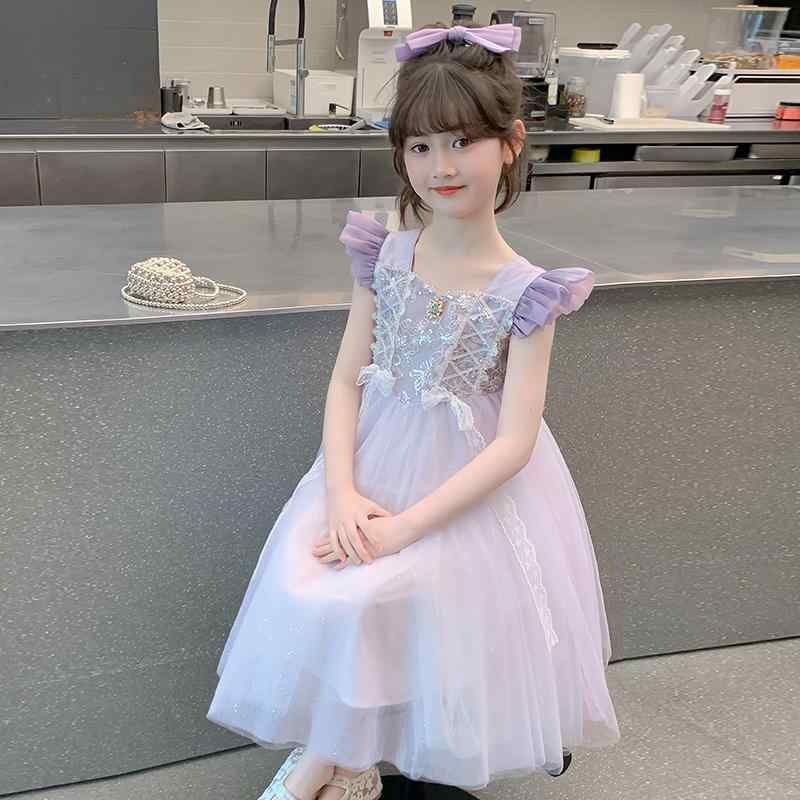 樂天商城 - ワンピース 女の子 子供服 夏 半袖 プリンセスドレス チュール ふんわり ボリューム 礼服 フォーマル お呼ばれ 発表会 パーティー セレモニー スクエアネック パフスリーブ ミディ丈 日常使い カジュアル 紫