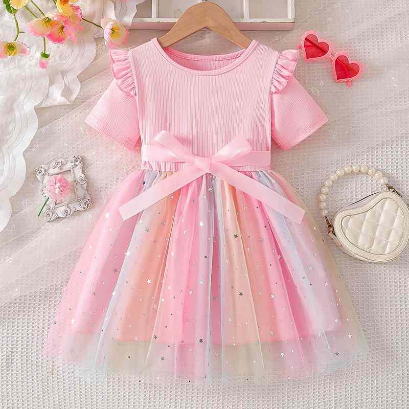 ワンピース 女の子 子供服 ベビー服 夏 おしゃれ かわいい フリル袖 チュール プリーツ プリンセス 虹色 半袖 誕生日 バースデー 綿素材 涼感 薄手 速乾 通気性