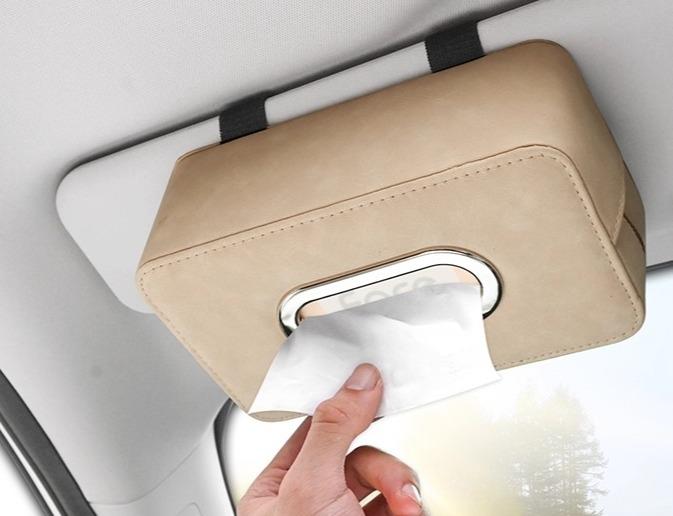 車載ティッシュケースザー 革 サンバイザー シートバック 吊り下げ バンド式 車内収納 車用 車内インテリア ドライブ 小物入れ ティッシュボックス ブラック オフホワイト