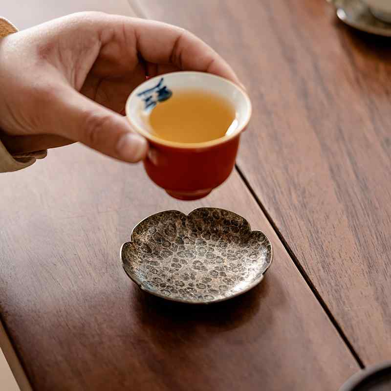 茶道具 蓋置 おしゃれ コースター 茶托 鎚目 模様 純銅 真鍮 断熱 耐熱 茶器 海棠柄 小さめ 中国風 ア..