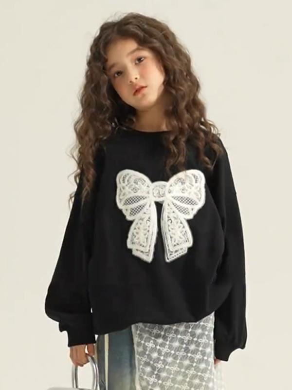 スウェット ガールズ キッズ 子供服 クルーネック 丸首 プルオーバー トレーナー カジュアル 韓国 春秋 ブラック リボン おしゃれ 普段使い 部屋着