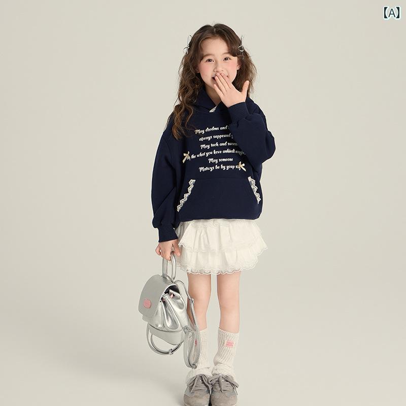 パーカー ガールズ キッズ 女の子 韓国 アルファベット リボン 切り替え レース スウェット ゆったり ..