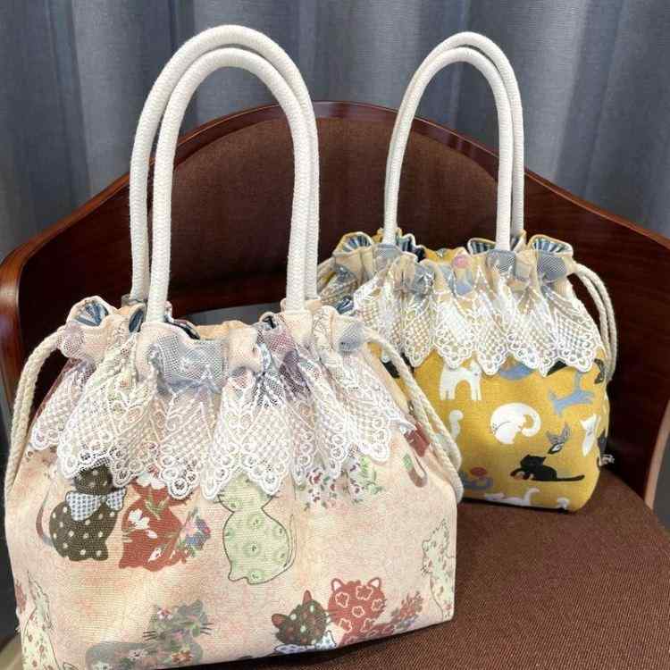 トートバッグ 巾着型 キャンバス 綿 厚手 プリント 花柄 猫柄 招き猫柄 和柄 おしゃれ かわいい インフ..