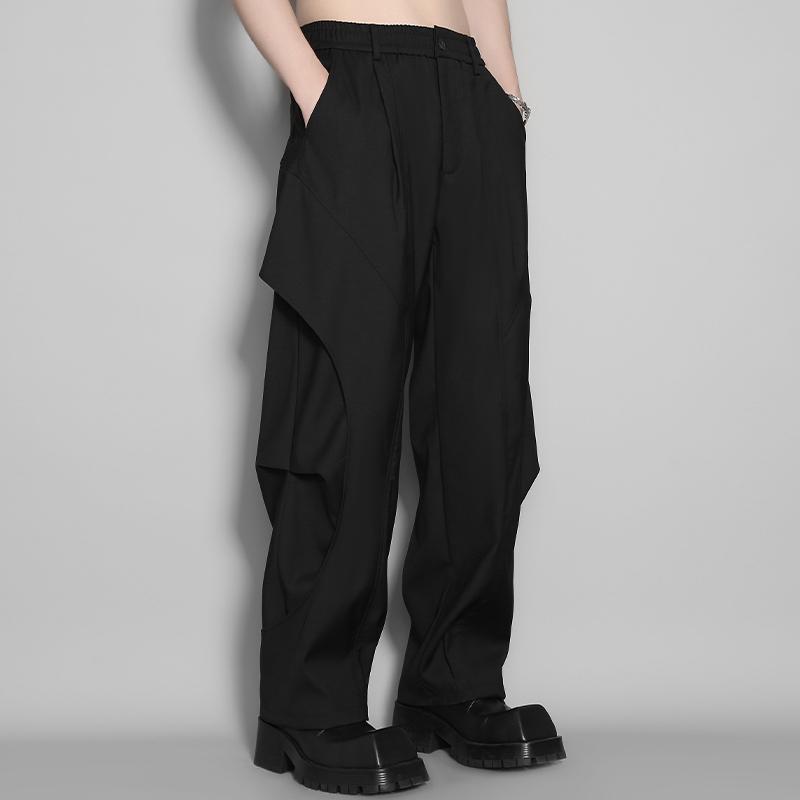 乐天商城 - スラックス メンズ トレンド ダーク系 立体裁断 切り替え パラシュート ワイド ストレート ドレープ感 カジュアル ミラードカラー ポリエステル 秋