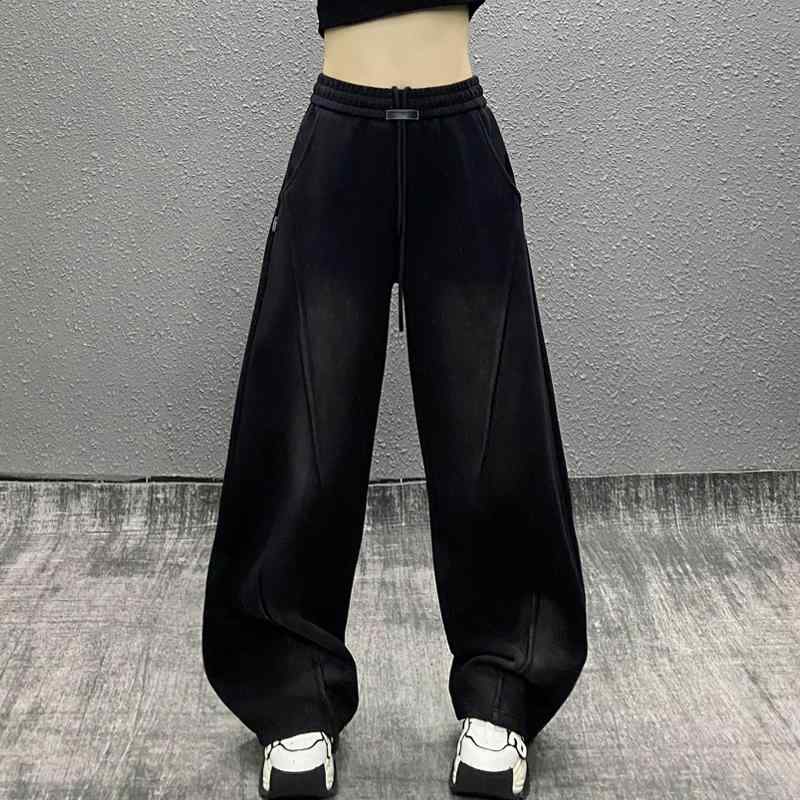 パンツ レディース スタイリッシュ 切り替え アメリカンスタイル フリース カーブパンツ 秋冬 ハイウエスト ゆったり 厚手 着痩せ 着回し バナナシルエット カジュアル スウェットパンツ ダークグレー ブラック