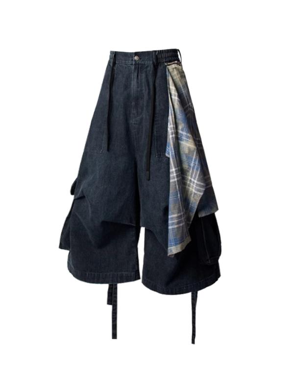 Cropped Pants - デニムパンツ レディース 取り外し可能 フラップ リボン ハイウエスト ワイド クロップド丈 ウォッシュ加工 レイヤード ルーズ カジュアル 春夏 ブラック