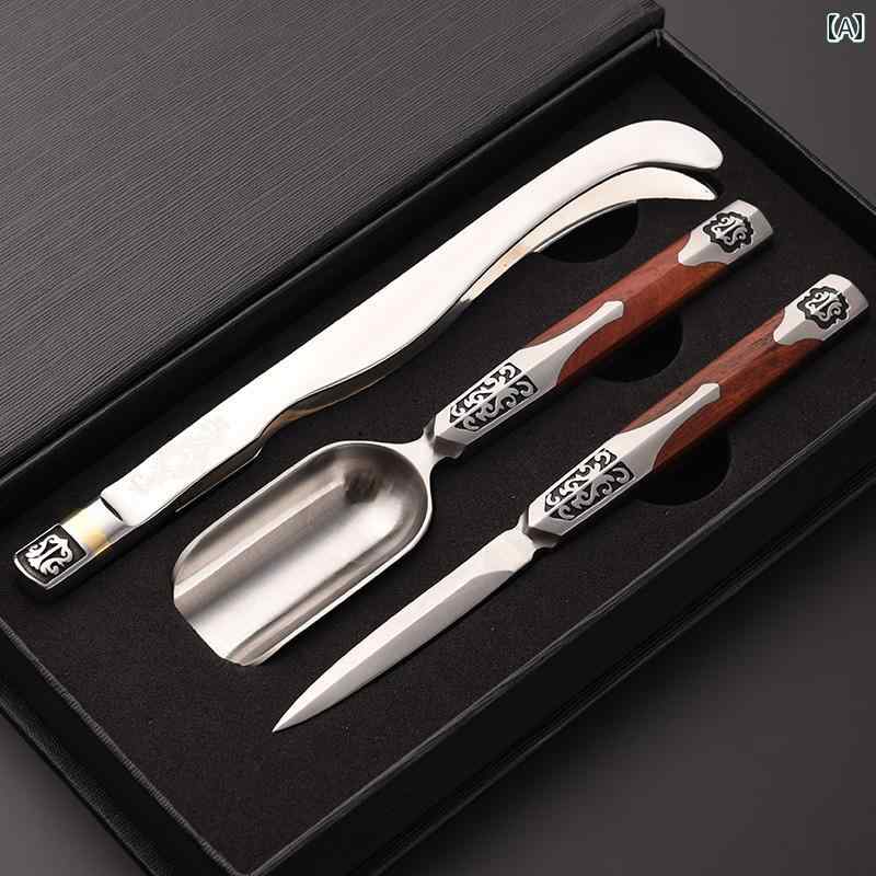 茶道具 ダマスカス プーアル茶刀 茶道六君子セット 茶匙 茶挟 功夫茶器 本格 茶芸 中式 レトロ ローズウッド パープルハートウッド ステンレス