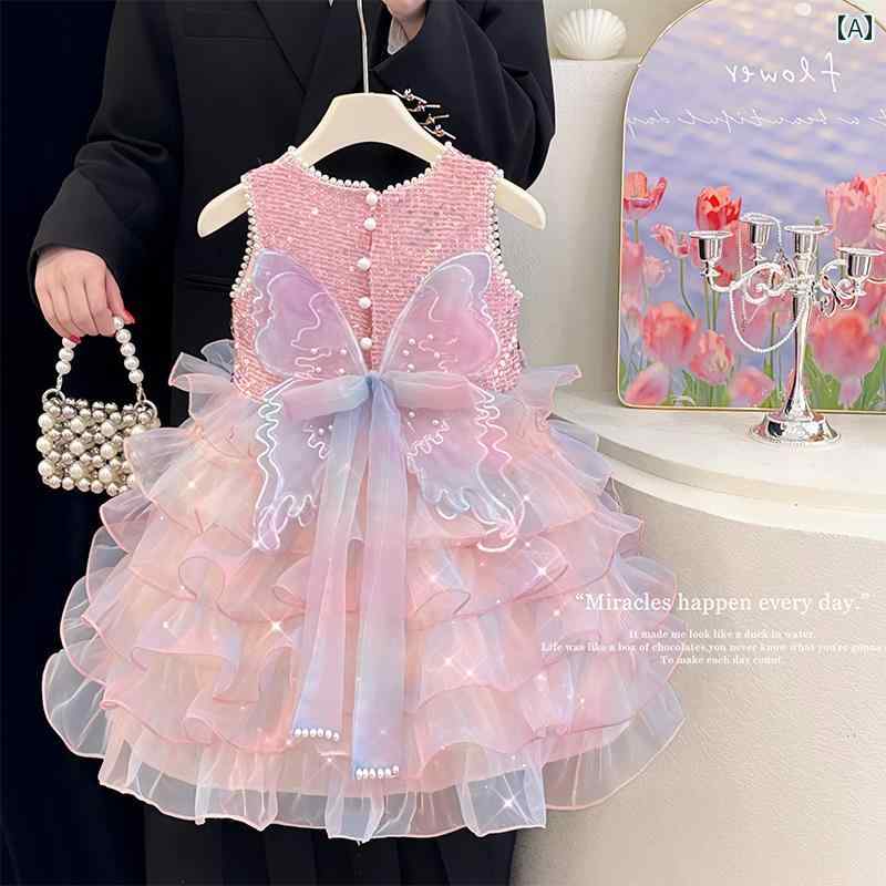 ワンピース 女の子 子供 ベビー 春夏 ボリュームスカート ノースリーブ チュール ティアード プリンセス フォーマルドレス スパンコール ギャザー ラウンドネック ミディ丈 誕生日パーティー 発表会 セレモニー お呼ばれ コットン裏地 柔らかい