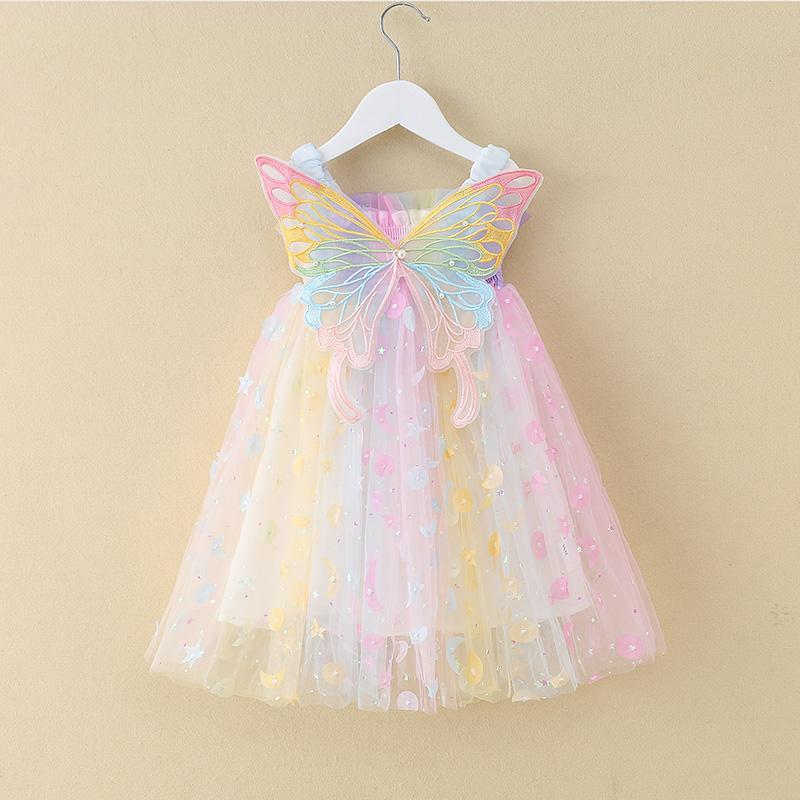 ワンピース 女の子 キッズ ベビー 夏 サマー キャミソール プリンセスドレス レインボー 虹 グリーン 蝶々柄 薄手 通気性 日常使い ミディ丈 かわいい おしゃれ