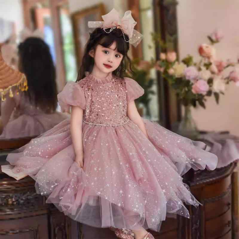 ドレス 女の子 キッズ ピンク プリンセス フォーマル ウェディング フラワーガール スパンコール チュール パフスリーブ 発表会 衣装 バースデー パーティー 七五三 卒園式 綿 ポリエステル 秋冬 星柄 ロング丈 上品