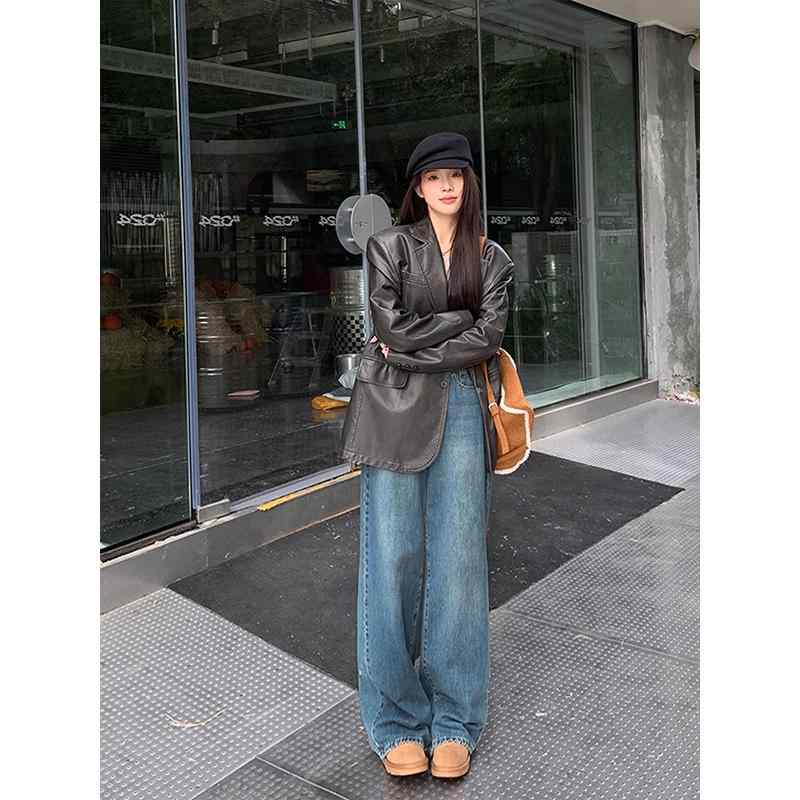 マタニティ デニムパンツ 妊婦期 普段使い ヴィンテージ風ブルー 春秋 薄手 ストレートシルエット ワイドレッグ お腹サポート 締め付けない 着痩せ スタイルアップ ロング丈