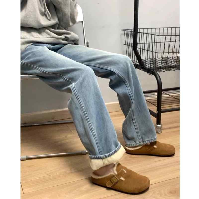 樂天商城 - マタニティ デニムパンツ レディース 女性用 ライトブルー 裏起毛 厚手 ゆったり ストレート ワイド ロング丈 腹部サポート 全期対応 春秋 秋冬