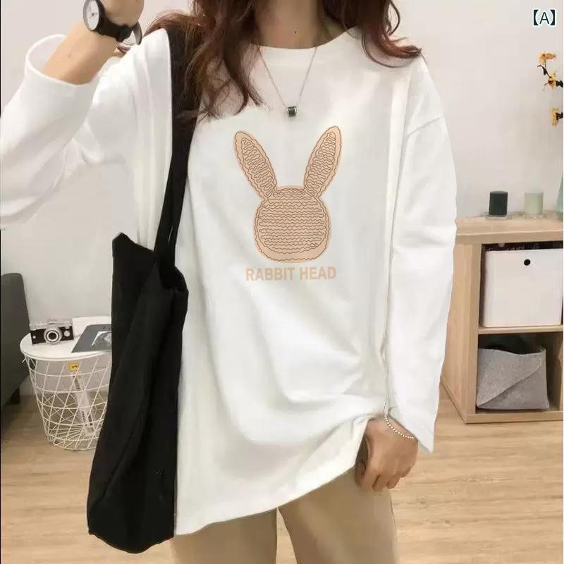 Tシャツ 妊婦用 女性用 春秋 長袖 ゆったり 綿 クルーネック 丸首 キャラクター 韓国 大きいサイズ インナー 普段使い カジュアル 着回し チュニック丈 ミドル丈
