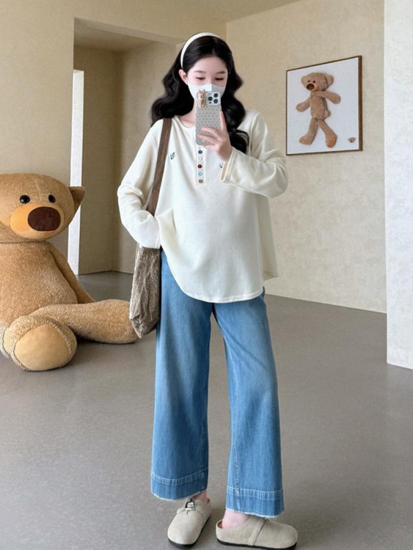 マタニティ 妊婦服 春秋 韓国 普段使い 丸首 クルーネック 長袖 配色 アルファベット ロゴ 刺繍 Tシャ..