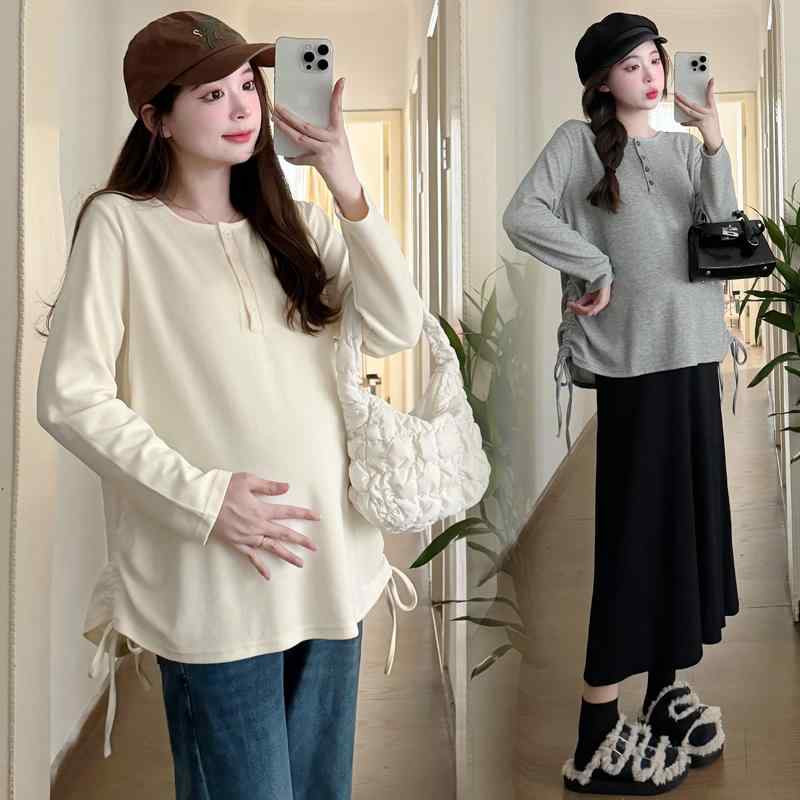 マタニティトップス 春秋 おしゃれ ドローストリング 長袖 コットン 再生繊維 シンプル 着回し ゆったり ルーズフィット クルーネック ミドル丈 無地 Tシャツ インナー 普段使い 部屋着 アプリコット グレー