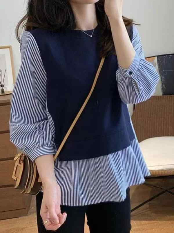 スウェット マタニティ 妊婦用 トレーナー 重ね着風 切り替え 長袖 クルーネック ストライプ柄 ゆった..