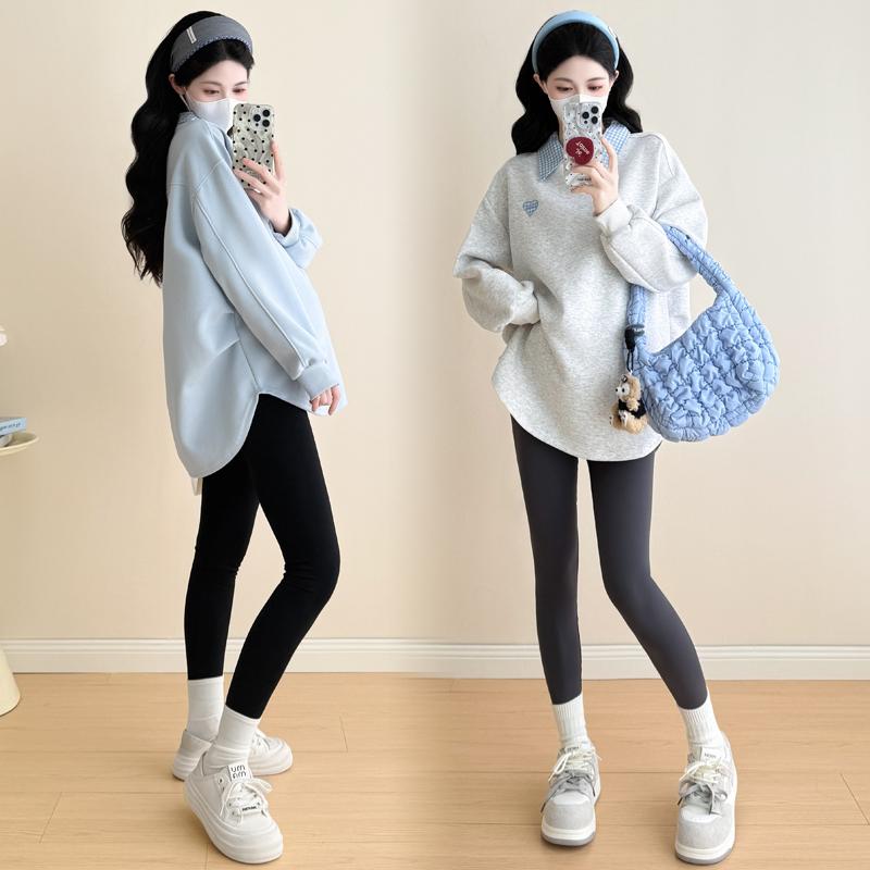 スウェット マタニティ 長袖 トップス プルオーバー ゆったり 大きいサイズ 体型カバー お腹カバー カジュアル コットン 綿 無地 2点セット セットアップ レギンス付き 妊娠中 普段使い 秋冬