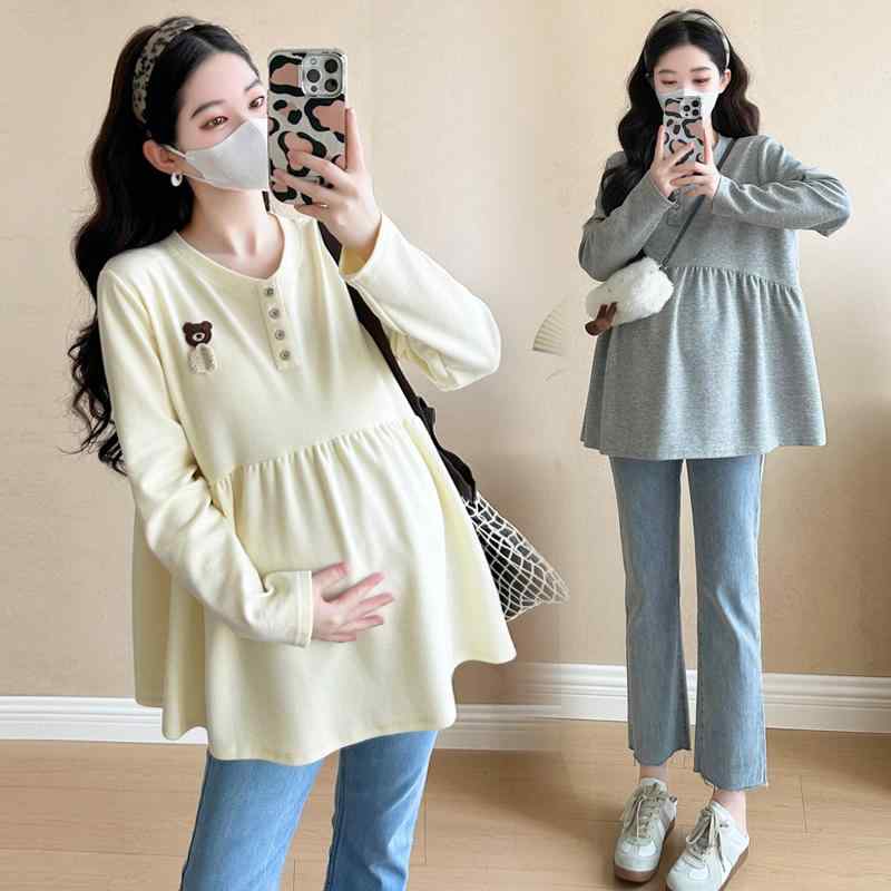 Tシャツ レディース マタニティ 長袖 綿 コットン ゆったり ビッグシルエット チュニック丈 Vネック 体..