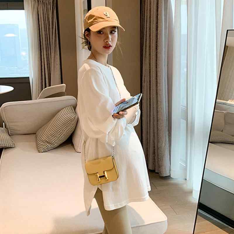 マタニティウェア 妊婦用 春秋 裏起毛 ゆったり リラックスフィット 長袖 ロングスリーブ 綿 コットン Tシャツ カットソー 無地 ラウンドネック 丸首 ミドル丈 チュニック丈 インナー 重ね着 普段使い 部屋着 韓国 白