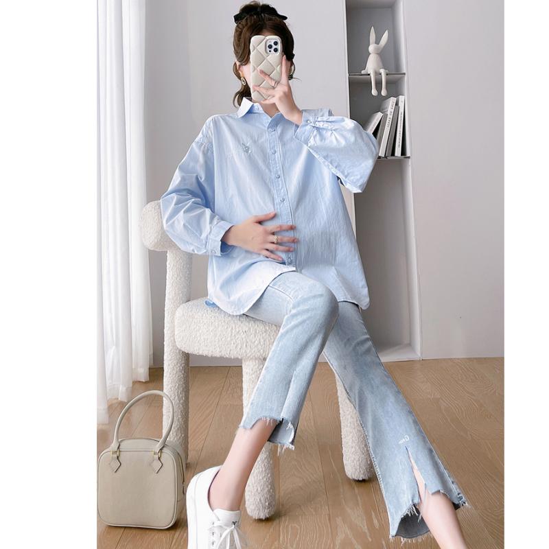 マタニティウェア おしゃれ 韓国 セットアップ ゆったり 体型カバー 長袖 シャツ デニムパンツ 2点セッ..