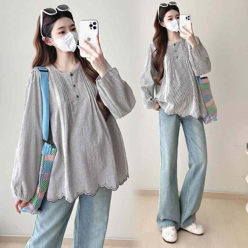 ブラウス マタニティ レディース 韓国 ラウンドネック ゆったり ルーズ ストライプ 長袖 チュニック シ..