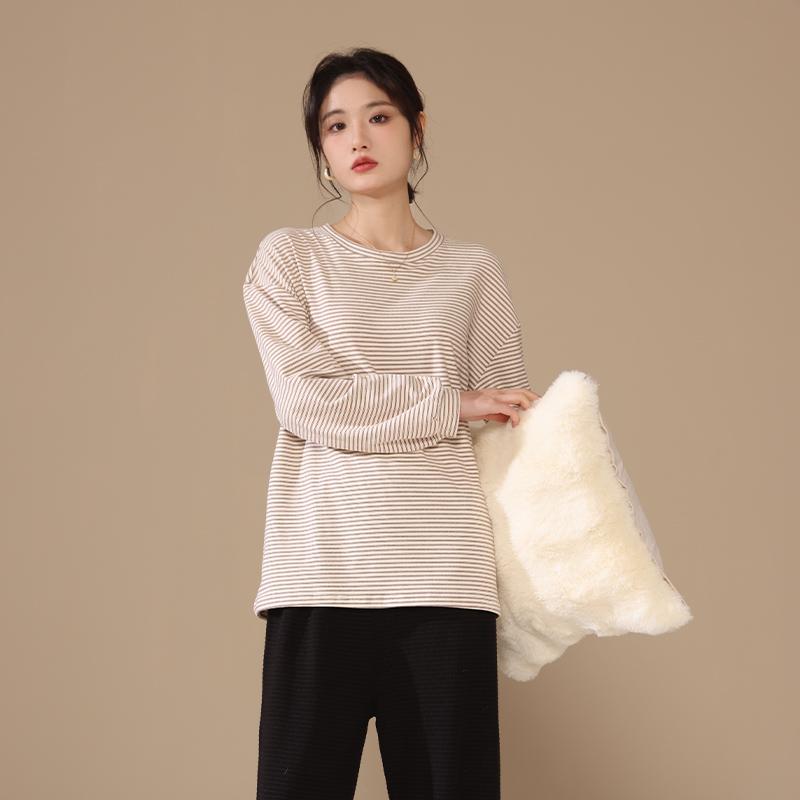 マタニティ トップス 秋冬 ゆったり ルーズフィット 長袖 ボーダー ストライプ Tシャツ カットソー 裏..