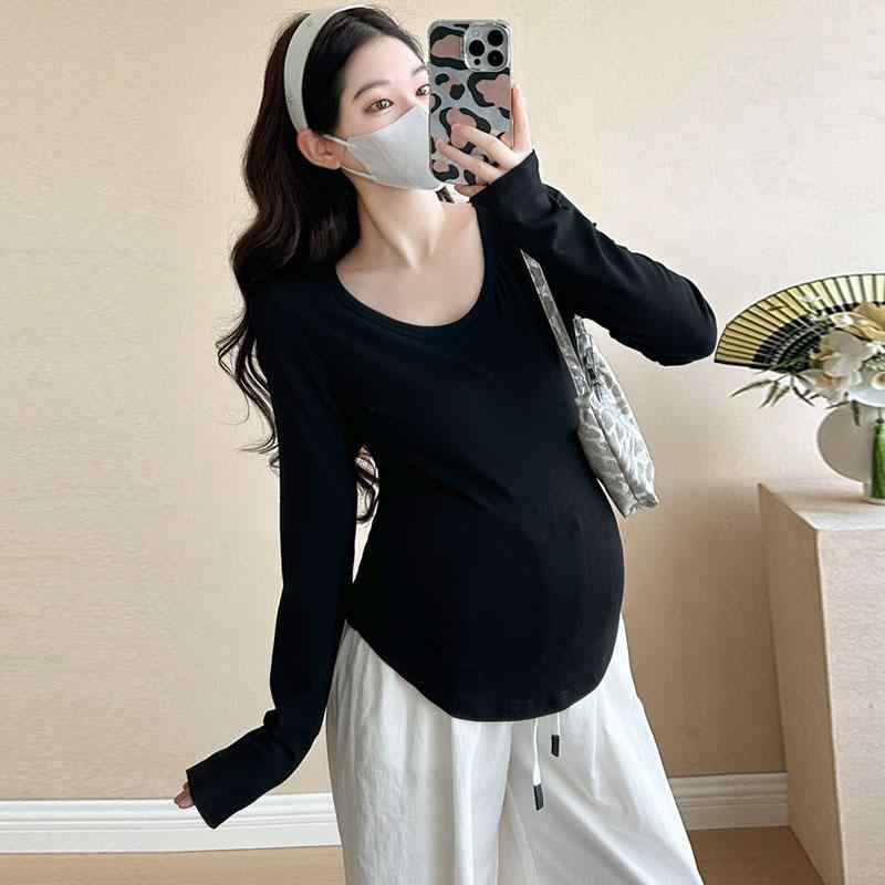 Tシャツ マタニティ トップス 綿混 長袖 黒 丸首 クルーネック ゆったり 体型カバー 上下セット セット..