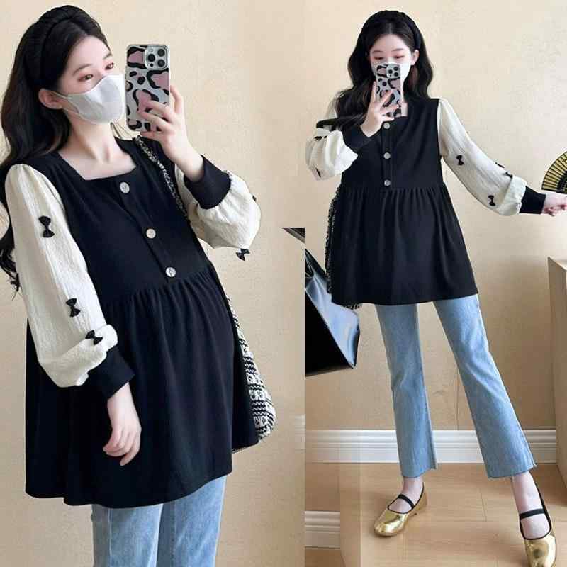 マタニティ セットアップ 2点セット 長袖トップス Tシャツ デニムパンツ ジーンズ ゆったり 体型カバー お腹カバー 細見え 着痩せ おしゃれ 春秋