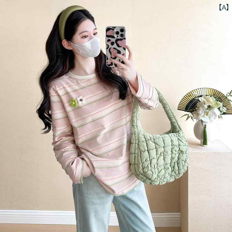 セットアップ マタニティ ストライプ柄 長袖 Tシャツ デニムパンツ 大きいサイズ ゆったり クルーネッ..