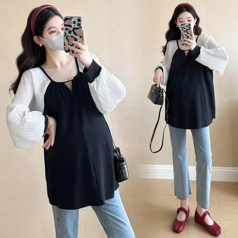 チュニック マタニティ 長袖 配色 切り替え ゆったり 着痩せ スタイルアップ ラウンドネック Aライン ..