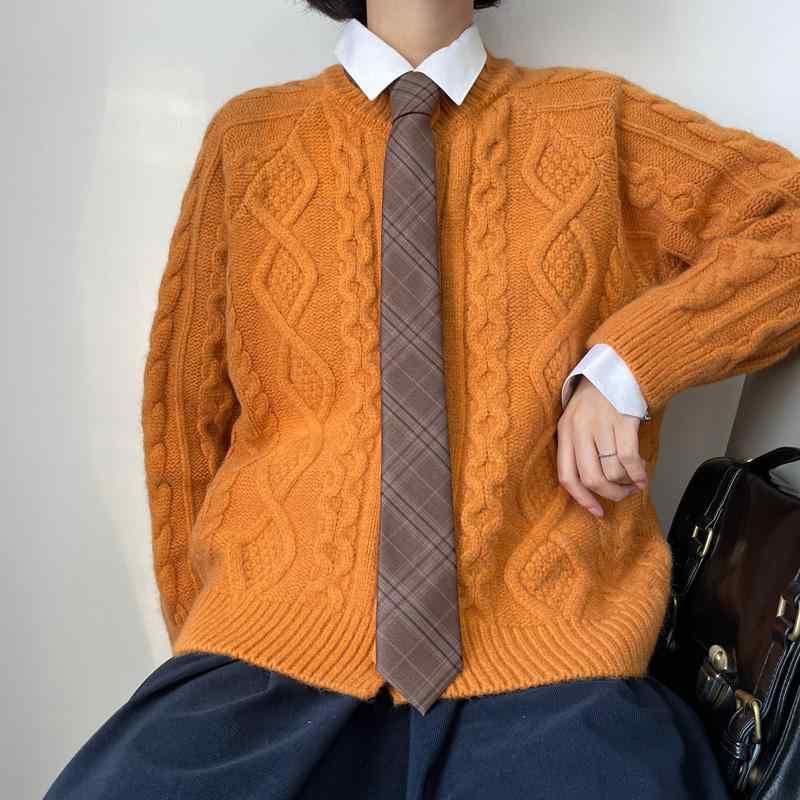 ネクタイ レディース レトロ ヴィンテージ風 メイラードカラー 茶系 キャメル カーキ チェック柄 ナロータイ スリムタイ 手結び ロング 学生 スクール カジュアル 普段使い ポリエステル 混紡