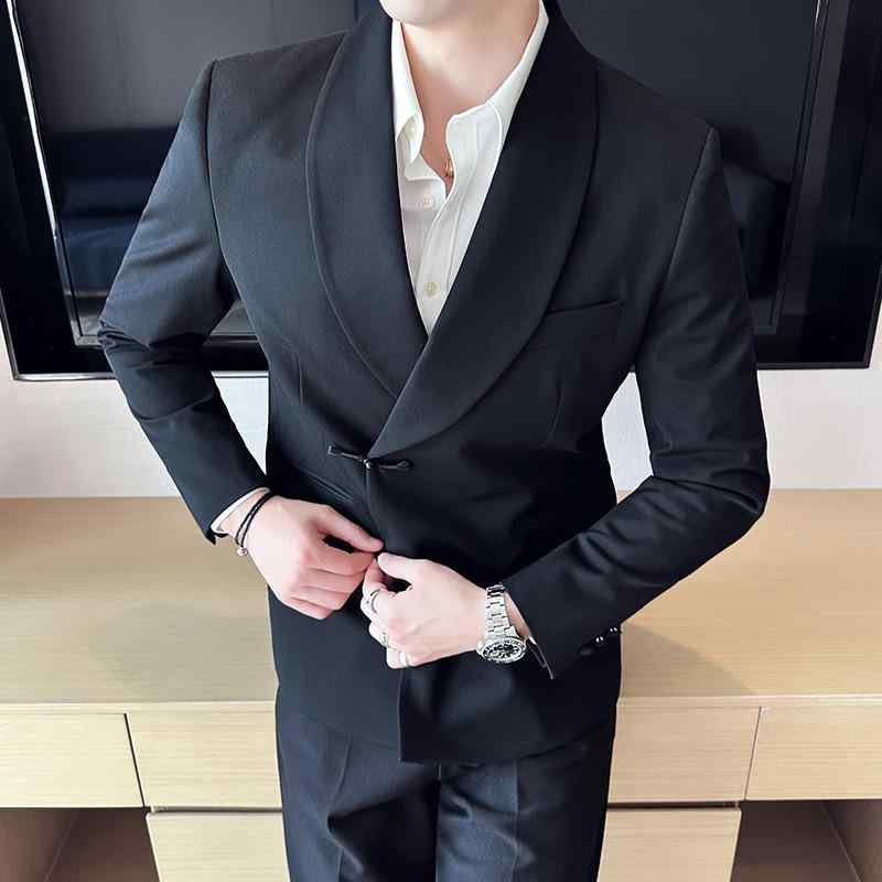 テーラードジャケット メンズ アウター チャイナボタン 中国風 民族風 ショールカラー スリム 無地 春秋 コットン混 形態安定 シワになりにくい 高級感 カジュアル フォーマル 普段使い ブラック グレー ボタン