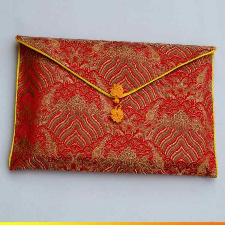 経本入れ ポーチ チベット式 錦織物 厚手 二層 経典 仏具 大容量 収納 赤 黄 青 水紋 富貴花 中国結び ..