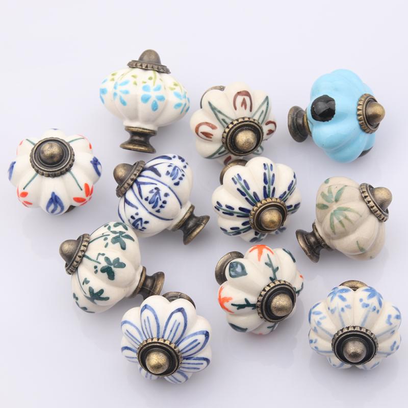 取っ手 陶器製 セラミック 手描き レトロ アンティーク調 小花柄 南瓜型 球形 引き出し キャビネットド..