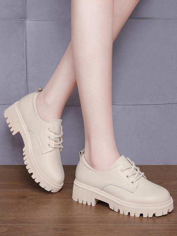 革靴 レディース 本革 牛革 白 英国風 ブリティッシュ 春夏 カジュアル 厚底 ミドルヒール 太ヒール ラウンドトゥ レースアップ 普段使い 通勤