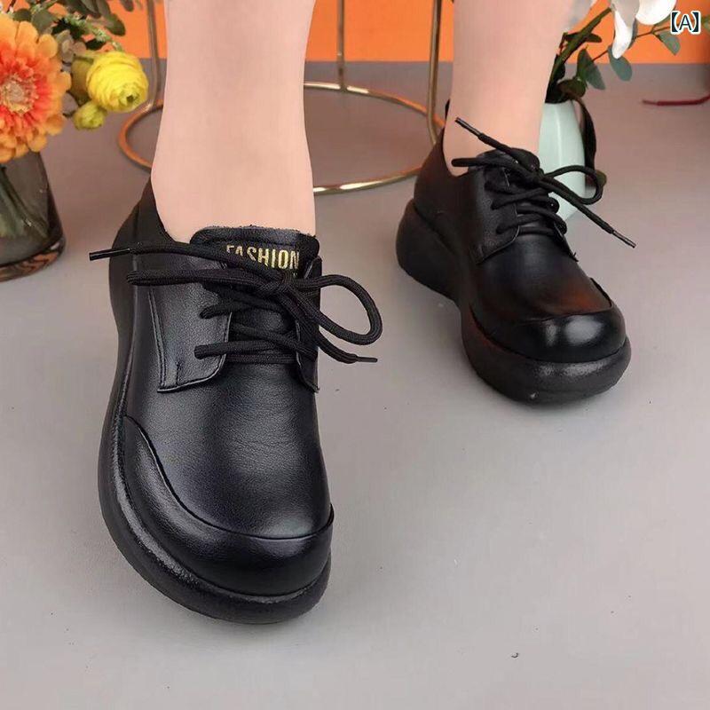 シューズ レディース 本革 牛革 厚底 プラットフォーム カジュアル ラウンドトゥ レースアップ クロス..